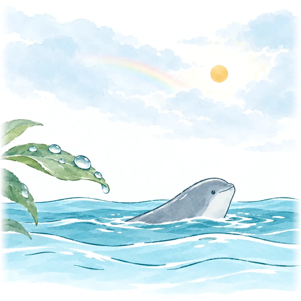 雨上がりの空に虹がかかり、海からスナメリが見上げているイラスト
